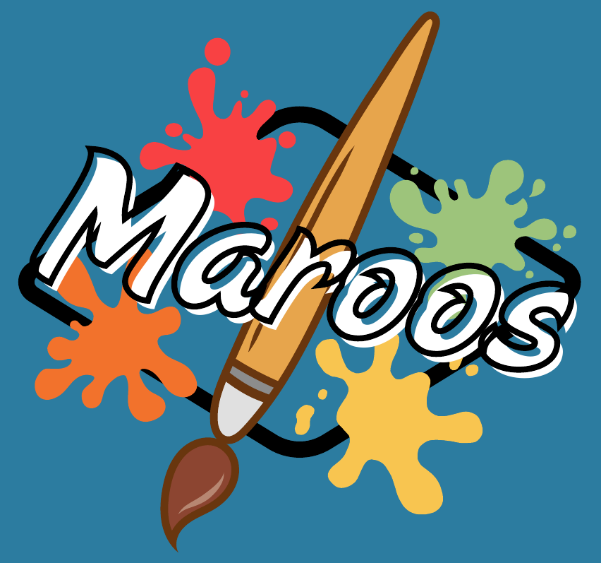 Logo de Maroos: pincel con salpicaduras de pintura